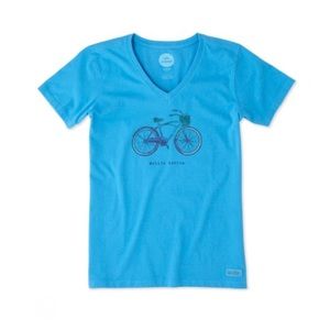 Life Is Good Crusher V-Neck Tee Tile Blue Bicycle Graphic Women’s Small